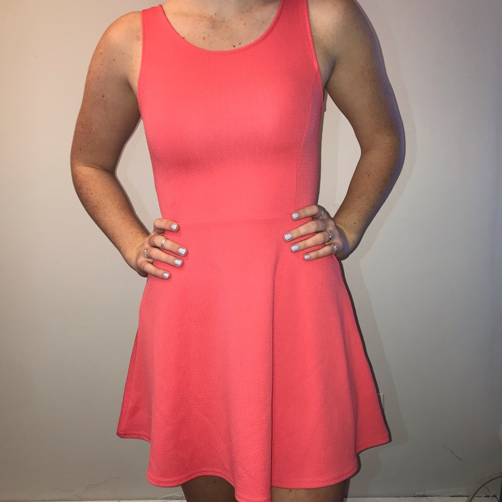 Bright coral fit and flare dress